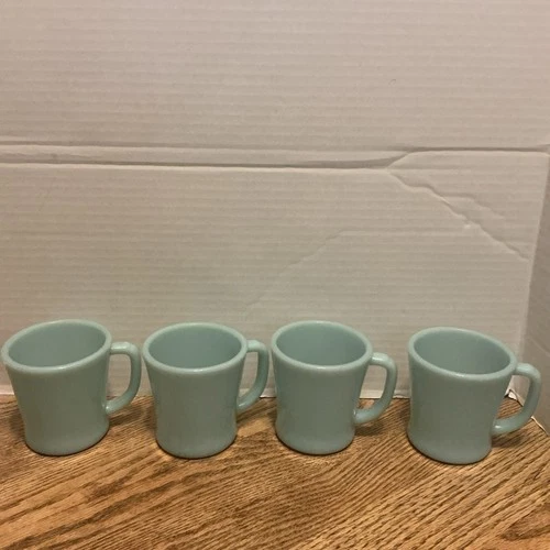 4 Vintage Fire King Turquoise Blue "Delphite"  D Handle Coffee Mugs See Descript
