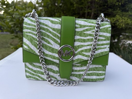 Michael Kors Greenwich Small Flap Crossbody Jungle Green Zebra Print Mk Logo Bag - Picture 2 of 8