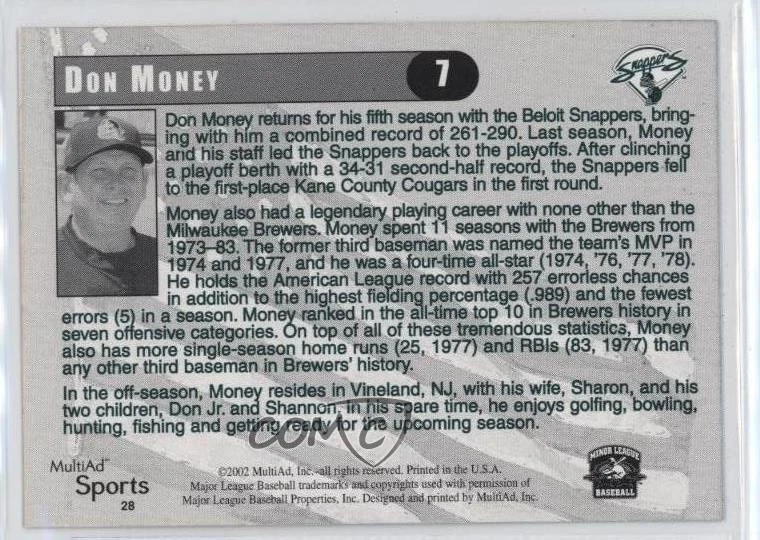2002 MultiAd Sports Beloit Snappers Don Money #28 - Image 2 of 2