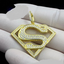 2.00 Ct Round Cut Real Moissanite Superman Shape Pendant 14k Yellow Gold Plated