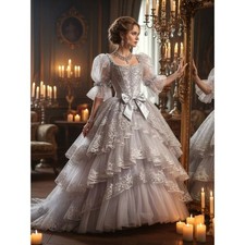 Vintage Victorian Wedding Dresses Silver Embroidered Corset Lace Hemmed Gowns
