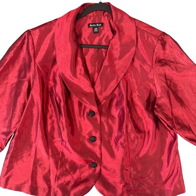 Red Shimmer Dressy Blazer Jacket Plus 22W Shawl Collar 3/4 Sleeve Party Glam Top