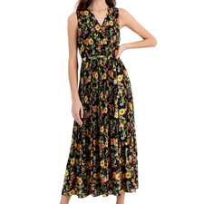 NWT Tahari Sunray Garden Sunflower Print Sleeveless V-Neck Plisse Maxi Dress XS