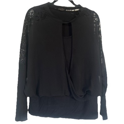 JOSEPH A. Black Women s Sheer Overlay W/Lace Sleeve Accents Size Large Longslvs
