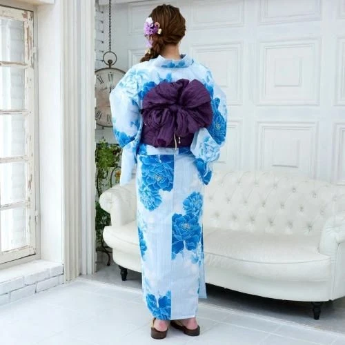 Japanese Yukata Kimono 3-piece set with a light blue and blue peony pattern - Image 4 of 4