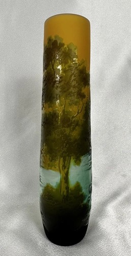 Antique 8.5” Emile Galle Cameo Glass Cabinet Vase Forest By The Lake Scene - Picture 24 of 24