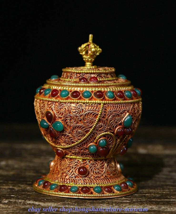 Antiguo templo del bidismo tibetano de 4,4 " alambre de plata incrustación dorada gema jarra de olla  Foto 3 de 4