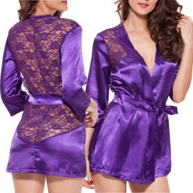Women Sexy Sleepwear Intimate Satin Lace Lingerie Short Kimono Robe G-String Set