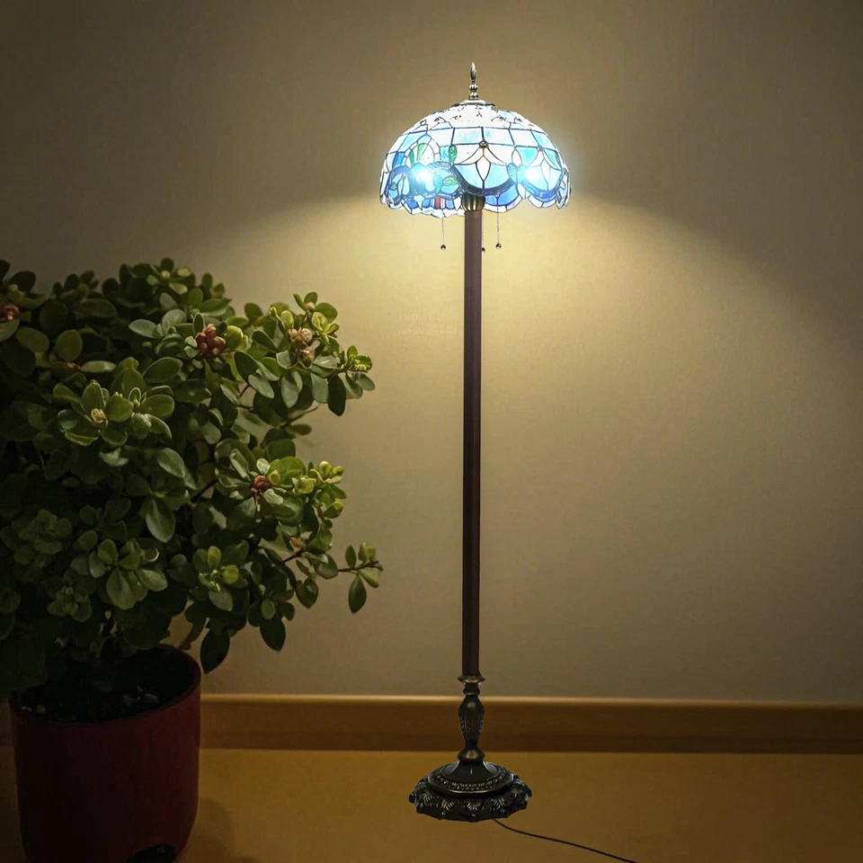 Tiffany Floor Standing Lamp 65"HX16.5D Blue Purple Stained Glass Antique Style - Image 2 of 4