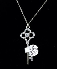 NEW 925 STERLING SILVER PAVE GLITZ KEY CHARM,PENDANT,CHAIN LINK NECKLACE