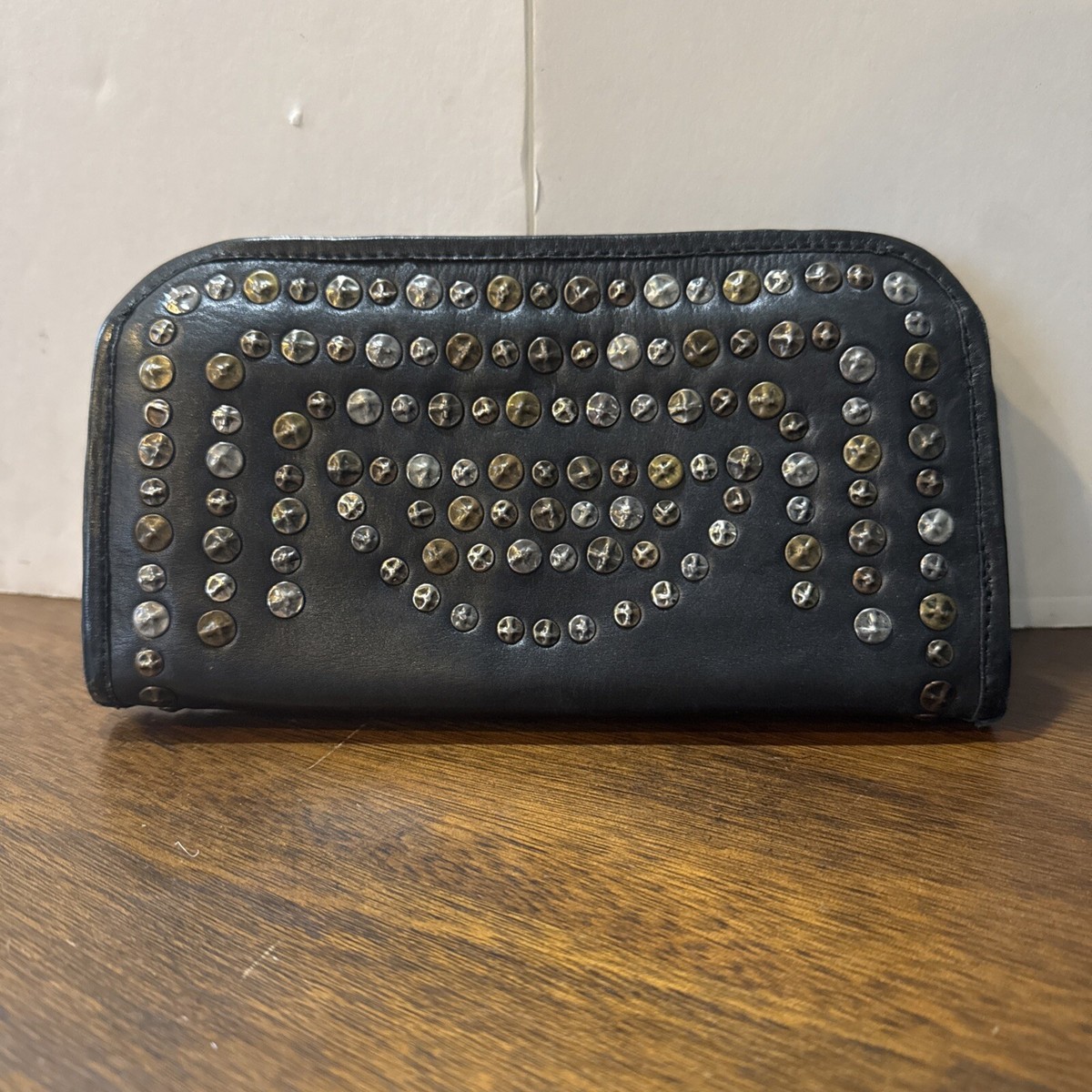 VIOLA CASTELLANI Milano Black Leather Stud Zip Wallet Wristlet
