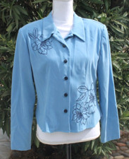 Karin Stevens Blue Blazer Woman Size Medium Embroidered Flowers Button Front Vtg