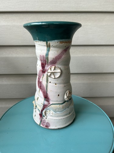 Vintage Teresa Bowen Green Red Beach Nautical Art Pottery Vase 9" Signed