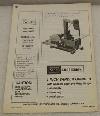 #ad #ad Sears Craftsman 1 Inch Sander Grinder Model No. 351.22512 Owners Manual $12.99