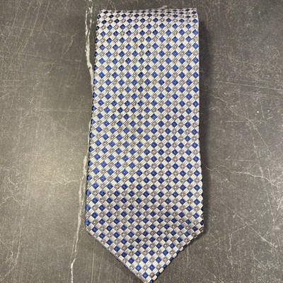 Mens Tie | Ike Behar Necktie | Blue Silver Geometric Diamond Silk Tie