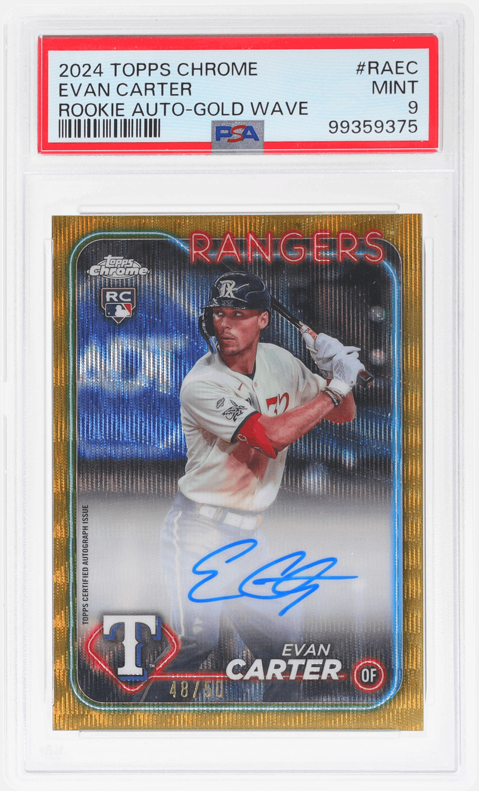 2024 Topps Chrome Evan Carter Rookie Auto Gold Wave Refractor #RAEC /50 PSA 9