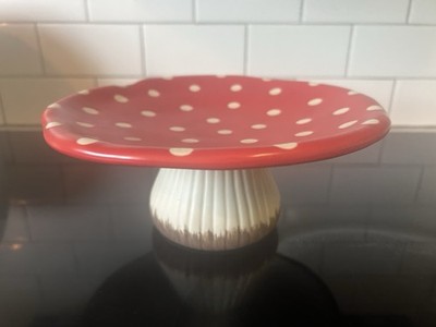 Ceramic Pedestal Mushroom Tray / Cake Stand Red Top With White PolkaDots  11 