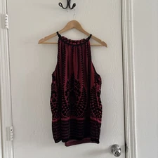 Max Studio Women’s Top Sz L Boho Sleeveless Velvet Burnout Halter Style Burgundy