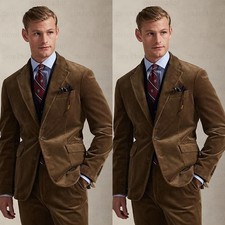 Corduroy Men Suits Wedding Groom Formal Business Tuxedos Slim Fit Blazers Pant