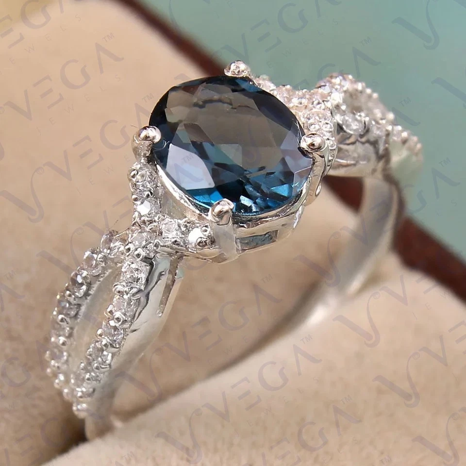 3.60Ct Oval Cut Natural Topaz and Diamond Split Shank Ring 18K White Gold Plated - Image 3 of 4