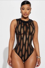 Fashion Nova Women's Black Solid Cutout Sleeveless Bodysuit Semi-Transparent OS