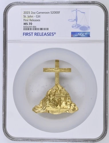 2 Oz Silver Coin 2025 Cameroon St. John Gold Gilded High Relief NGC MS 70 POP 4
