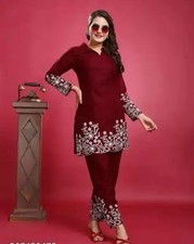 Indian Co-ord Set ; Women Maroon/Black Threadwork Solid Cotton Kurta Trouser Set