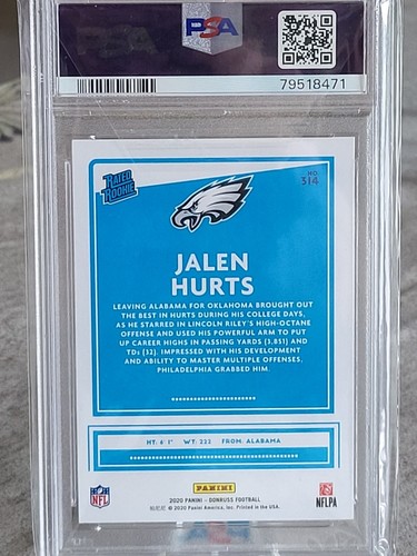 Jalen Hurts RC - PSA 10 GEM MT - 2020 Panini Donruss Rated Rookie #314 - Eagles - Picture 2 of 2