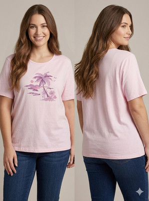 Coral Bay Woman 2X Pink Graphic T-Shirt Palm Tree Tropical Beach Short Sleeve