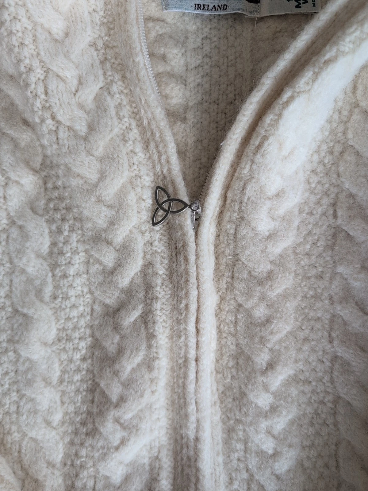 OFF WHITE Maglione Aran Crafts piccolo avorio pescatore lana merino full zip cappuccio Irlanda