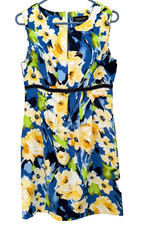 Perceptions Floral Dress Sz 10 Sleeveless Knee Length Blue Yellow Wedding Guest