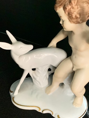 Boy Putti Angel with a deer German porcelain figurine WALLENDORF Vintage 1347 - Picture 5 of 10