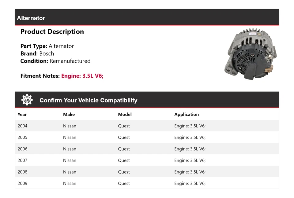 Alternador Bosch para Nissan Quest 2004-2009 3,5 L V6 (remanufacturado) 2005 2006 Foto 2 de 4