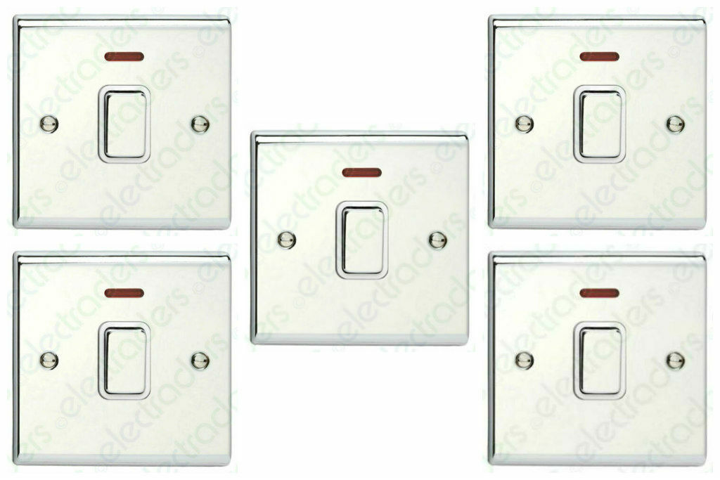 5 x Deta SD1391CHW Double Pole Switches With Neon 20A Polished Chrome White