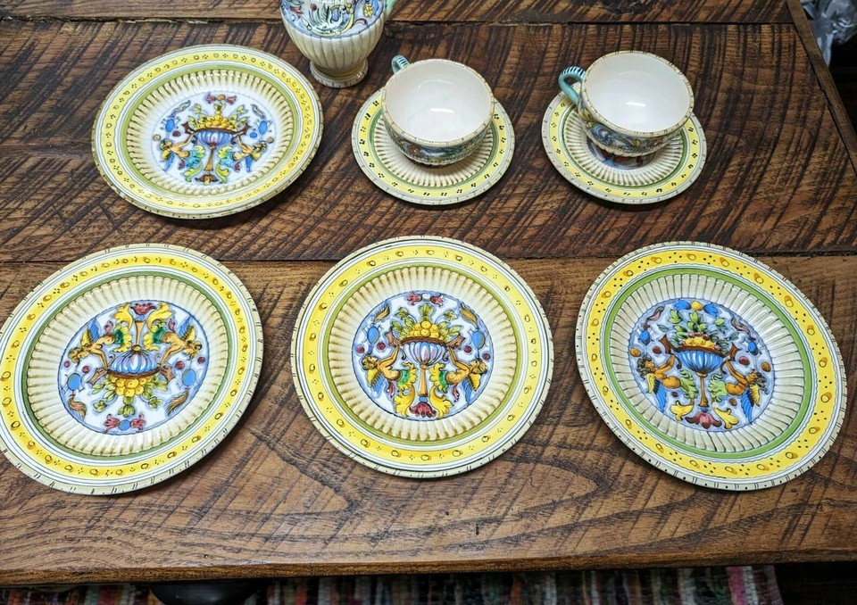 Antique Italian Hand Painted Dining Set Pitcher Plates Set Of 9 Spanish