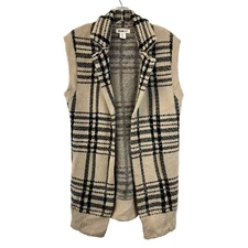 William Rast Sleeveless Collared Cardigan Beige/Black Plaid Size Small Fuzzy