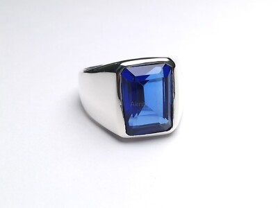 Emerald Cut Lab Created Sapphire 925 Sterling Silver Handmade Signet Ring
