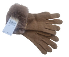 MICHAEL KORS OS Fits Most Camel Chain Knit Metal Logo Charm Fur Trim Gloves NWT