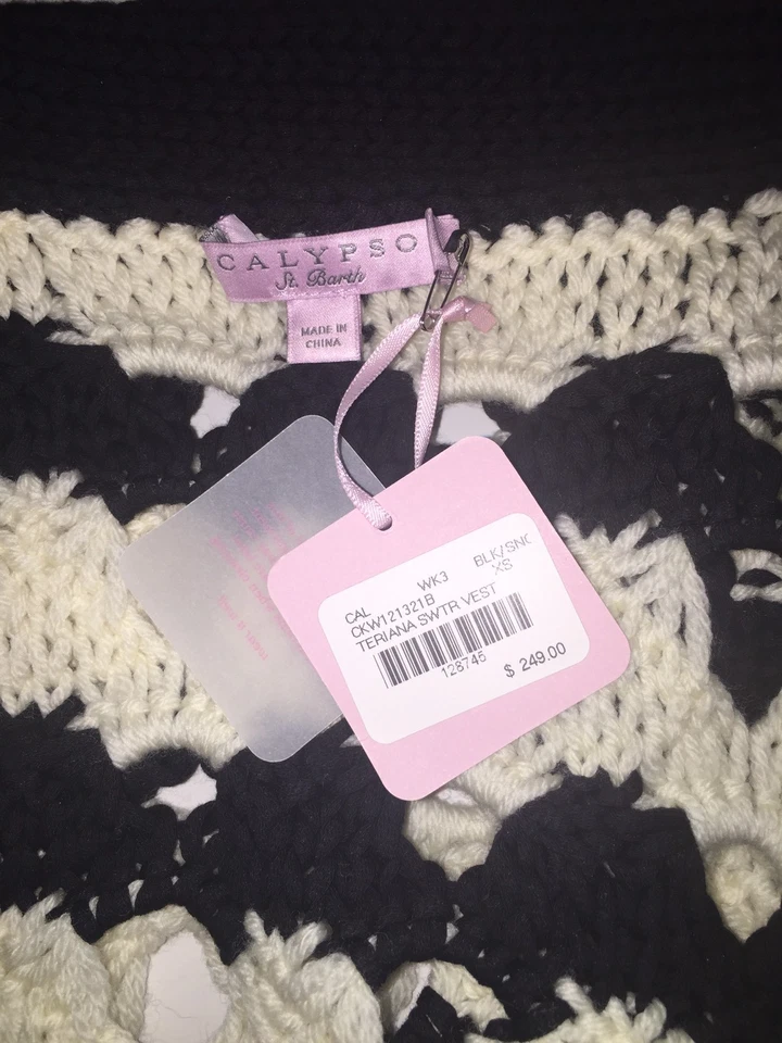 *NUEVO Chaleco Suéter de Ganchillo para Mujer Calypso St. Barth Teriana Negro/Blanco XS Foto 4 de 4