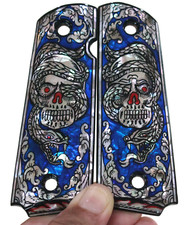 1911 PEARL GRIPS FOR COLT KIMBER TAURUS S W FULL SIZE DEAD SNAKE SKULL ART BLUE