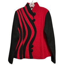 North Style Wool Blazer L Red Black Button Front Artsy Eclectic Lined