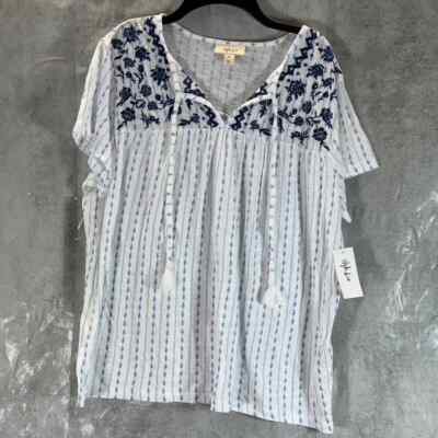 Style & Co Women's Plus Size White Sound Wave Split-Neck Embroidered Top SZ 0X