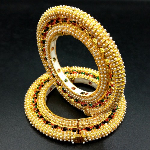 Indian 18k Gold Plated 2pc Bracelet Bangle Bridal Wedding Pearl Fashion Jewelry