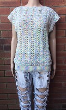 Ladies Vtg Pastel Colour Crochet Cap Sleeves top pit to pit 21 inches.
