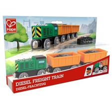 TRENO MERCI DIESEL in legno HAPE trenino E3718 magnetico 2 VAGONI E LOCOMOTIVA e