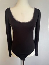Lulus Black Long Sleeve Lace Trim Scoop Neck Bodysuit Rayon Stretch Size Large