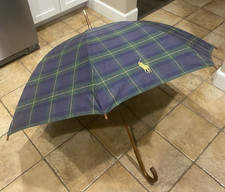 Ralph Lauren Polo Vintage Blue Green Plaid Umbrella with Wooden Handle BRAND NEW