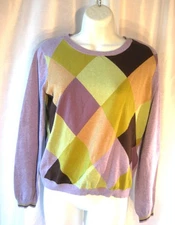 LizGolf Sweater Cotton Argygle Lime Purple Tan Olive Sz Med EC