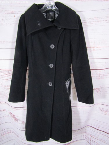 Mackage Women's Black Cashmere Wool Blend Leather Trim Coat Size S