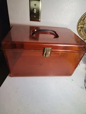 VINTAGE 1950's ? SEWING BOX  TRANSPARENT AMBER PLASTIC CRAFT SUPPLIES 